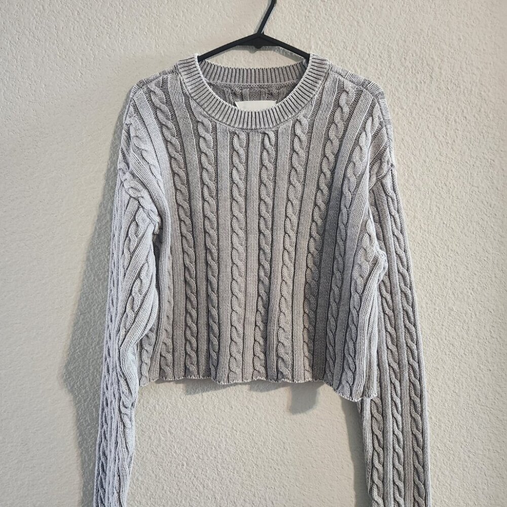 Aerie Cropped Cable Knit long-sleeve sweater grey size small